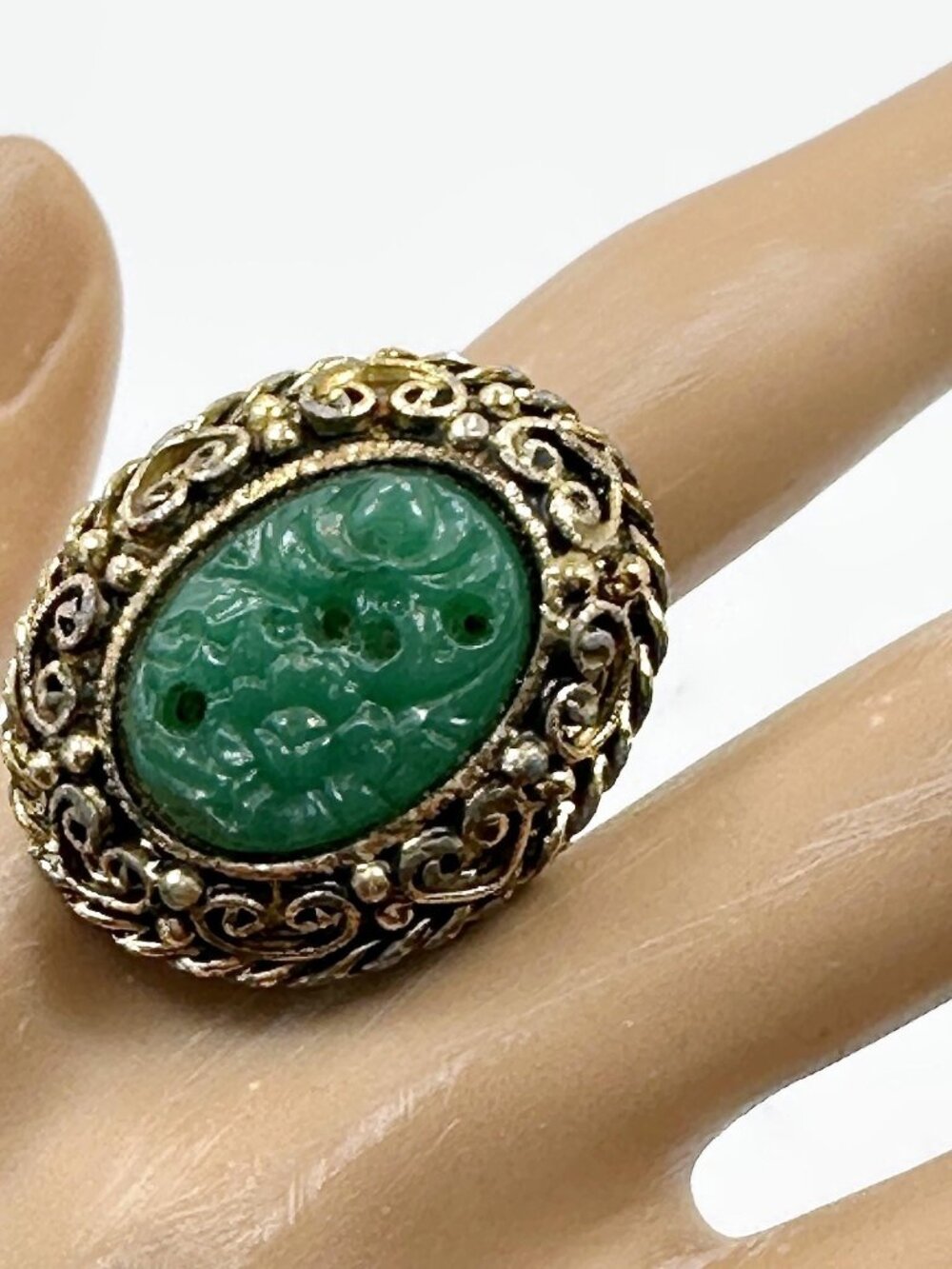 Vintage Ring, Glass Jade, Gold Tone, Adjustable, Costume Ring, Green, 1970s